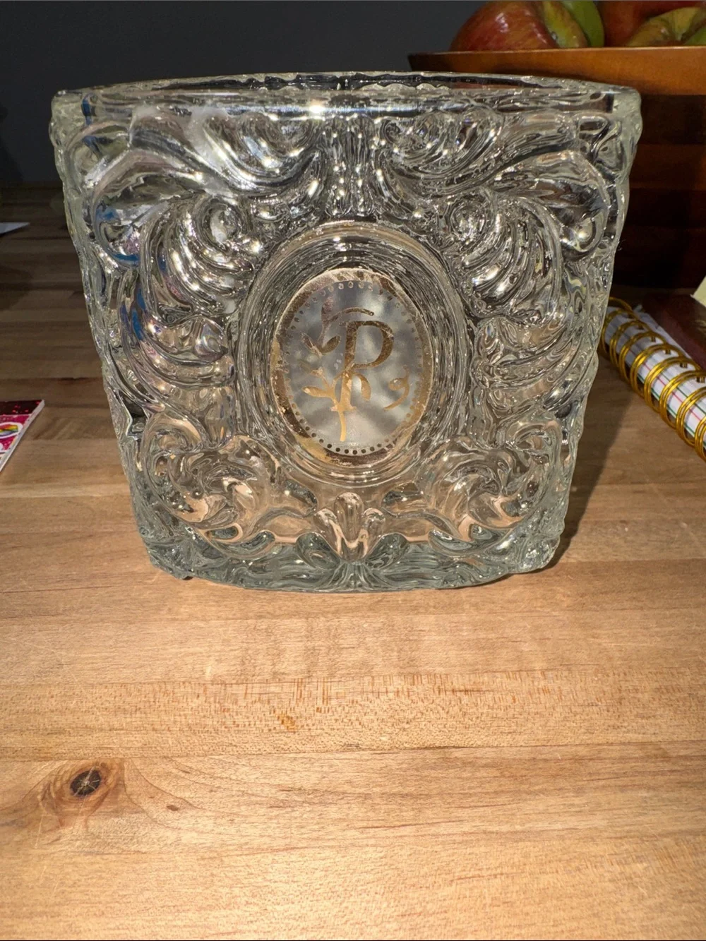 Vintage Avon Triangle Vase Candle Holder Clear Glass Scroll Initial Monogram P